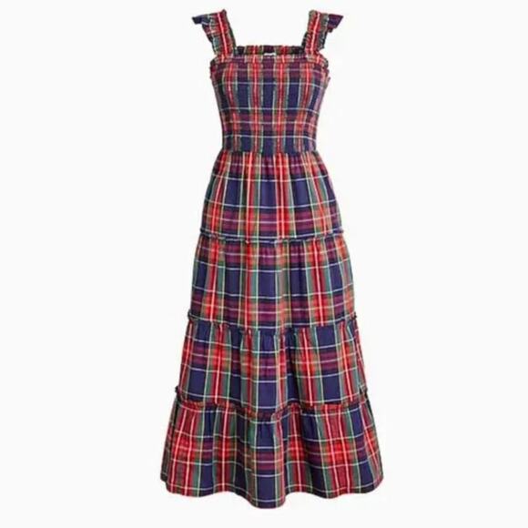 J. CREW Factory Plaid Cotton Poplin Smocked Tiered Midi Dress Red Blue {RR24} - Picture 3 of 8